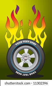 A vector image of an old school, nostalgic wheel with flames over a green background