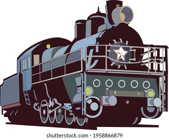 Vector image - an old steam locomotive going to a meeting on the rails