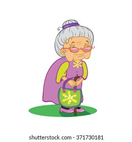 vector image old woman in glasses with a bag and a stick in his hand standing in the grass