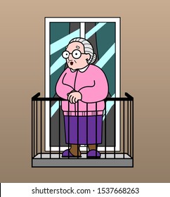 Vector image of an old woman on the balcony. Good old grandmother. Elderly woman, senile people concept.