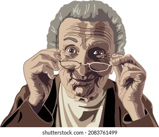 Vector image of an old woman peering over her glasses