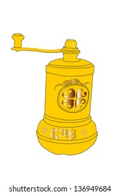 A vector image of an old-fashioned coffee grinder gold version with ornaments, isolated on white background