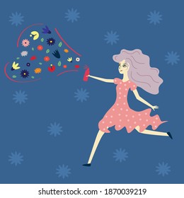 Vector image on a blue background with a cute inspirational girl in a pink dress with an air freshener in her hands. Enjoys the scent of flowers.