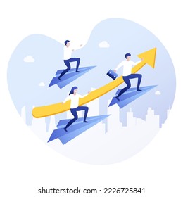 Vector image on a blue background, business concept, a group of people stands on large paper planes and flies forward, people succeed and go towards the goal