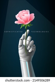 
Vector image on a futuristic theme with a robot hand holding a beautiful flower