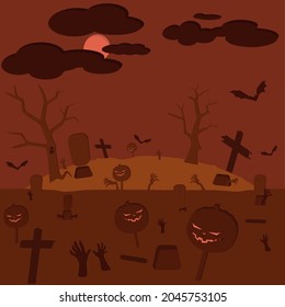 Vector Image On The Halloween Theme With Pumpkins, Bats, Graves, Dead People, Trees, The Moon And Clouds In A Flat Style