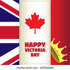 Vector image on holiday Happy Victoria Day. Postcard with a maple leaf, a fragment of the English flag and a crown.