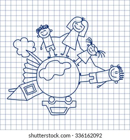 Vector image on notebook paper. Happy family. Kids drawing