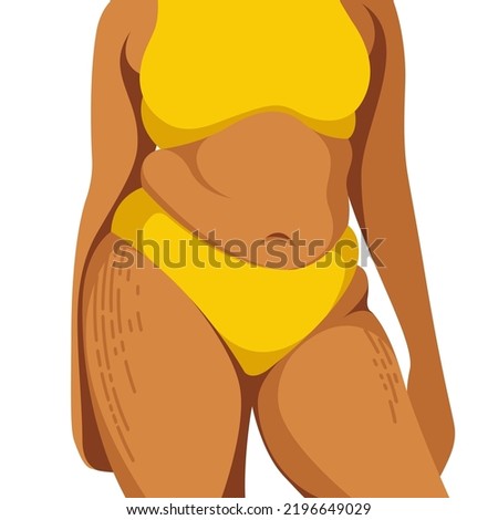 vector image on the theme of body positivity. a curvy girl is not shy of fat folds on her body and stretch marks on her hips. isolated on white background. love and accept your body. love yourself.