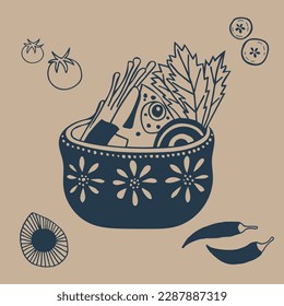 Vector image on the theme of Japanese cuisine. Fish soup with vegetables. Hand drawing, illustration, vintage. Blue on a beige background. Cafe, restaurant, menu, Asian cuisine. Eps10