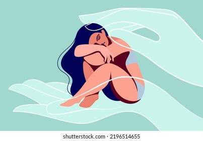 Vector Image On The Theme Of Mental Health. A Very Sad Girl In Depression And Despair Needs Psychological Help And Support. Victim Of Domestic Violence, Abuse, Harassment. Helping And Protective Hands