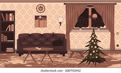 Vector Image On The Theme Of New Year And Christmas With The Image Of A Cozy Warm Room In Beige Shades With A Window Overlooking The Night Sea