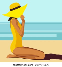 vector image on the theme of summer holidays. a tanned girl in a yellow swimsuit poses on the beach in a hat, sunbathes, rests, relaxes in a tropical resort against the backdrop of the sea or ocean.