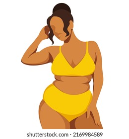 imagen vectorial sobre el tema de las vacaciones de verano. en la playa, una bonita niña curvada y feliz se encuentra en un bikini amarillo, en la playa, aislada en un fondo blanco. pliegues grasos. rollos de vientre.