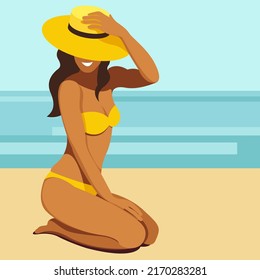 vector image on the theme of summer holidays. a tanned girl in a yellow swimsuit poses on the beach in a hat, sunbathes, rests, relaxes in a tropical resort against the backdrop of the sea or ocean.