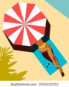 vector image on the theme of summer holidays and tropical holidays. young bright beautiful girl is resting on the beach near the sea or ocean. tanned female legs that stick out from under the umbrella