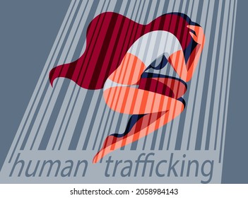 vector image on the topic of kidnapping and human trafficking, violence against women. the girl lying on the floor of the prison behind the prison bars.human slavery, forced prostitution, sexual abuse