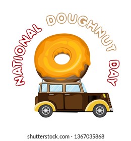 Vector image on a transparent background with a machine, a donut and text. For the celebration of world day donut
