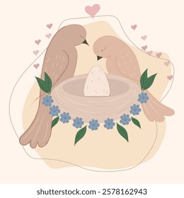 Vector image on the trendy theme of Nesting party. Nest. Pregnancy. Nesting. Vector image of a nest with an egg and birds. Invitation