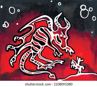 Vector image on a watercolor background of a dragon with a knight on a horse