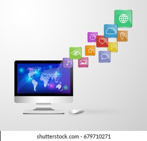 Vector image on which a personal computer with a keyboard and mouse, as well as icons symbolizing different types of data