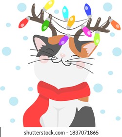 Vector image on a white background of a winter New Year's tricolor cat with deer horns on its head, on which a garland of multicolored bulbs hangs and snow is falling around. for printing on postcards