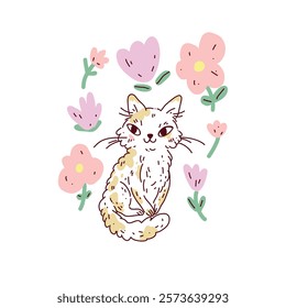 Vector image on a white background with a cute curly spotted kitty surrounded by flowers. It is ideal for decorating a printing house with kawaii characters.