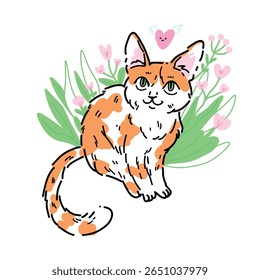 Imagem vetorial em fundo branco com gatinho de gengibre manchado bonito cercado por flores. Perfeito para decorar tipografia com caracteres kawaii.