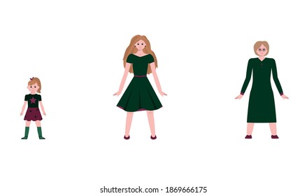Vector image of one character in three ages: child, adult, elderly.