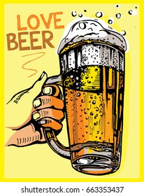 Vector image of one hand holding beer mugs. Drink with a lot of foam. Love beer.