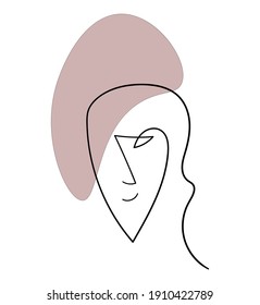 Vector image one line stroke art woman with grey hat