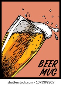 Vector image of one mug of beer. Drink with a lot of foam. Beer glass.