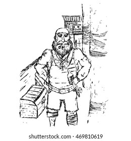 vector image of a one-legged pirate on a ship-free hand sketch