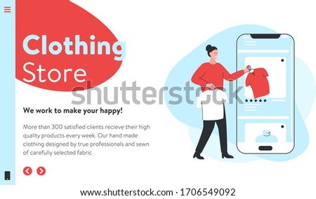 Vector image of an online store website interface with concept illustration of a woman taking clothes from mobile app. It represents a concept of online shopping, website design or modern landing page