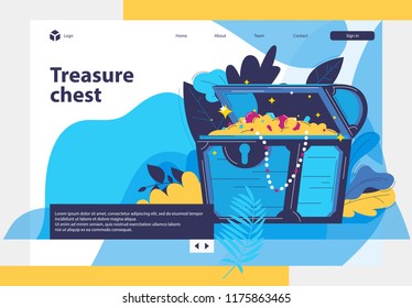 vector image of an open chest with gold and precious stones.The main landing page of the website