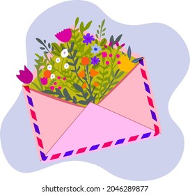 Vector image of an open letter envelope from which wildflowers grow. Floristic vector illustration. Congratulatory letter concept. Suitable for postcards and web design.