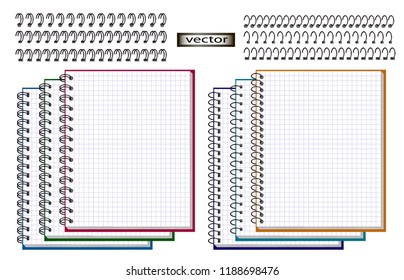 Vector image open notebook on a spring in a cage lined pages with different types of fastening pages and individual springs for the cover, stationery set for school or student