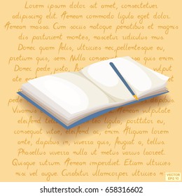 Vector image. Open notebook and pen. Empty notebook of beige on the background of the letter