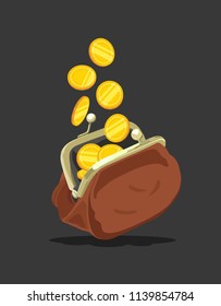 Vector image of an open purse in which gold coins are poured, isolated on black background in cartoon style. Business and finance symbol.