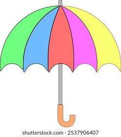 Vector image an open umbrella with multiple vibrant colors on its canopy, creating a cheerful and lively look. Perfect for weather-themed designs and rainy day illustrations