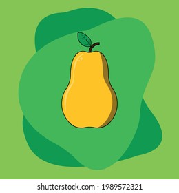 Imagen vectorial de una pera orana con una ramita y una hoja con una sombra y un resplandor en un fondo verde aislado.