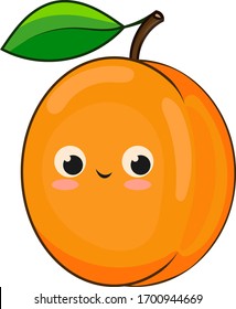 Vector image of an orange apricot, with funny eyes and a sweet smile, with a green leaf, isolated on white background