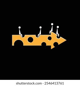 Vector image of an orange arrow pointing to the right and the activities of people sitting and relaxing on a white background