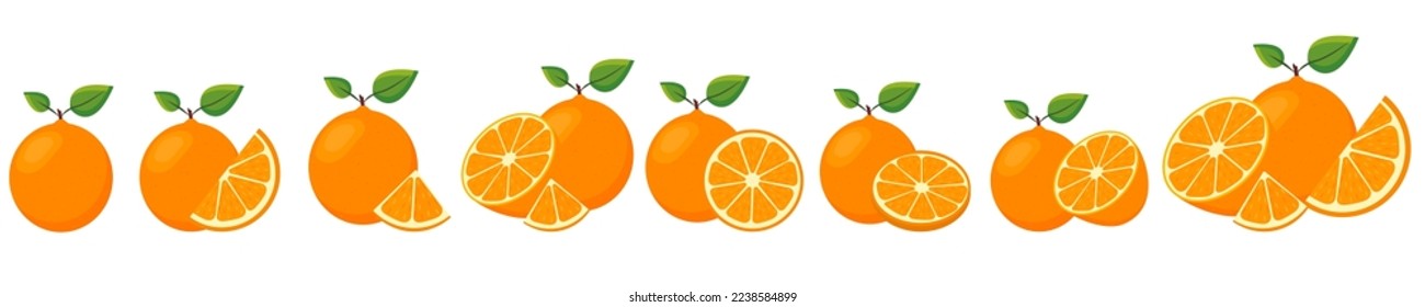Vektorbild einer Orange. Das Konzept von gesundem Essen und frischem Obst. Fruchtsäfte, orangefarbene Snacks, vegetarische Gerichte. Köstliche Zitrusfrüchte.
