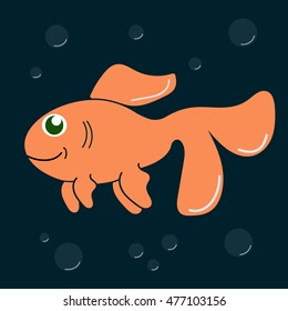 Vector image of an orange fish swimming in blue water with bubbles. Unique cartoon work for your business