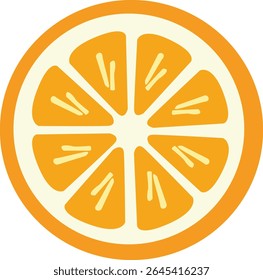 Vector image of orange fruit slice in flat cartoon style, ideal for juice labels, citrus-themed designs, or food-related projects.