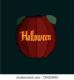 A vector image of orange pumpkin made in flat style. Halloween - a carved calligraphic inscription on a pumpkin shining from inside.