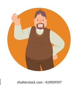 Vector image of an orange round frame with cartoon image of a happy overweight man with black hair and beard in brown pants, white shirt and brown vest smiling in the center on a white background. 
