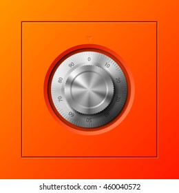 Vector Image of a Orange safe. Armored box background. The door of a bank vault with a combination lock. Reliable Data Protection. Longterm savings. Deposit box icon.Protection of personal information