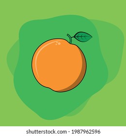 Vector image of a orange  with a twig and a leaf with a shadow and glare on a green isolated background.